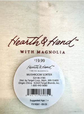 Recalled Hearth & Hand with Magnolia Toy Mushroom Peg Sorter product label 