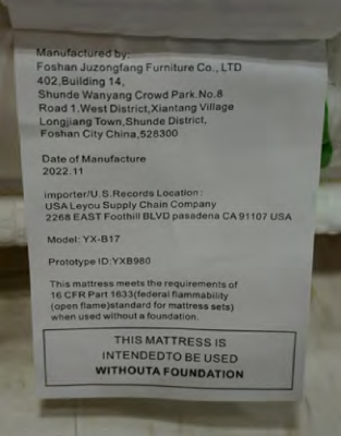 Model number and date of manufacture tag