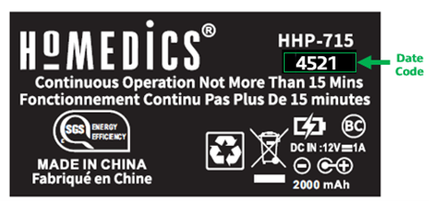 Sticker on the underside of the product barrel with model number HHP-715 and example date code of 4521