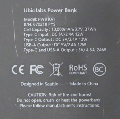 Back of recalled power banks showing model number PWB1071