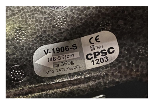 Model V-1906-S is printed on a label on the inside of the helmet
