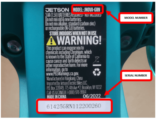 Location of model number and serial number on the footrest of the recalled Jetson Nova and Star 3-Wheel Kick Scooters
