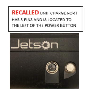 Charge port with three pins is located to the left of the power button on recalled Jetson Rogue Self-Balancing Scooter/Hoverboard