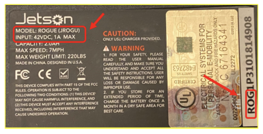 Labels on bottom of recalled Jetson Rogue Self-Balancing Scooter/Hoverboard show UL certification and serial number (they do not show a barcode)