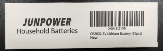 Recalled Junpower CR2032 Lithium Coin Batteries and Packaging with     “X001ZIZ1XN” printed on the back of package
