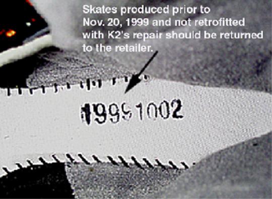 Manufacturing date, stamped on the heel of recalled skates