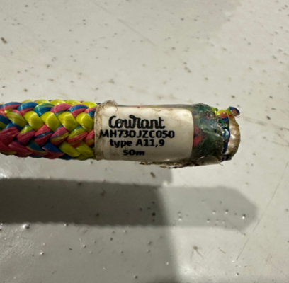 Tag on end of climbing rope (lollipop color) showing brand, part number, type and length