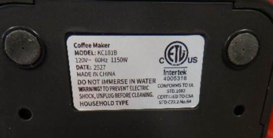 Model “KC101B” is printed on a sticker on the underside of the recalled Kidisle coffemaker