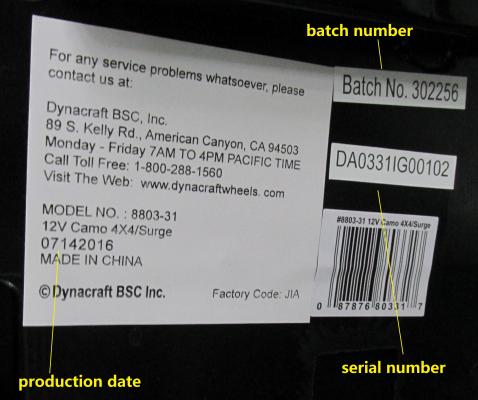 Surge 12 V Camo 4X4 model number, date code, batch and serial number label 