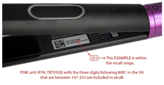 Location of date codes for recalled hair styler (pink)