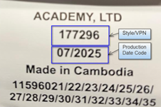 “ACADEMY, LTD,” “177296” and the manufacture date 07/2025 or 08/2025 are printed on the tracking label sewn onto the arm of the chair