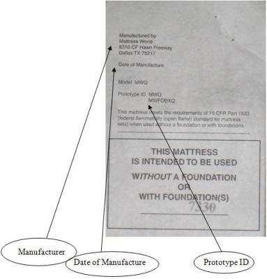 Recalled Mattress Set label showing location of manufacturer, date of manufacture, and prototype ID