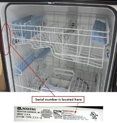 Recalled dishwasher with location of model number