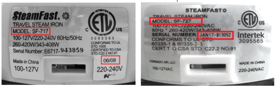 Model number and date code label located on back of recalled Steamfast irons