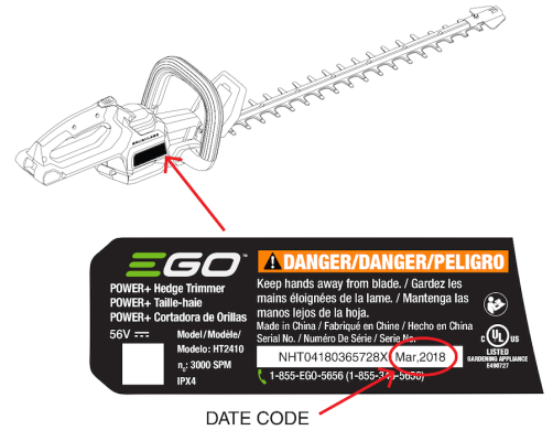 Model number and manufacturing date code on housing of the recalled hedge trimmer