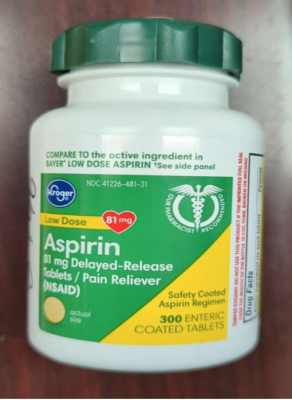 Recalled Kroger Aspirin, 81 mg Delayed-Release enteric coated tablets, 300 count bottle
