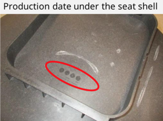 Location of the production date under the recalled IKEA ODGER Swivel Chair