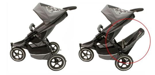 Recalled Phil & Teds e3 Strollers, shown with and without an additional seat