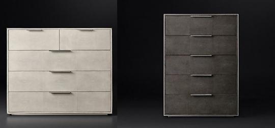 Recalled Smythson Shagreen five drawer dressers in dove/pewter and smoke/steel