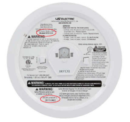 Back of recalled hardwired USI Electric 2-in-1 Photoelectric Smoke & Fire + Carbon Monoxide alarm Model MPC122S with a manufacturing date code of 2017JUN02 