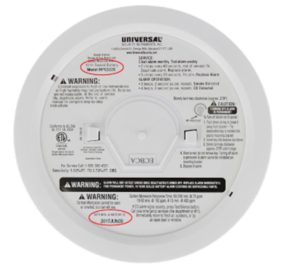 Back of recalled battery powered Universal Security Instruments 2-in-1 Photoelectric Smoke & Fire + Carbon Monoxide alarm Model MPC322S with a manufacturing date code of 2017JUN09  