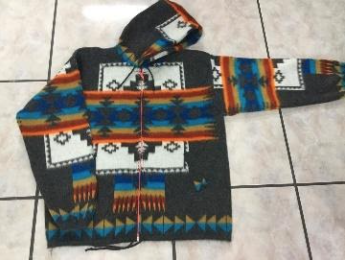 Recalled Native Creation Small Wool Sweater, dark gray base with multi-colored patterns