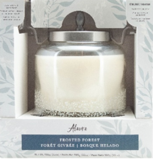 Recalled Alaura Candle in Frosted Forest Scent, in packaging