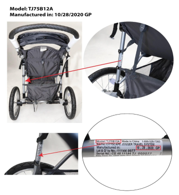 Recalled Cityscape Travel Systems Stroller Model TJ75B12A in “Moonstone” Label Location