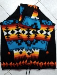 Recalled Native Creation Small Wool Sweater, black base with multi-colored patterns