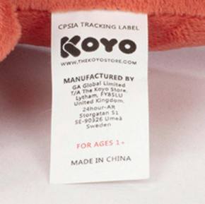 Fabric sewn in label stating “KOYO” and “Manufactured By GA Global Limited T/A The Koyo Store.”