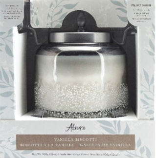 Recalled Alaura Candle in Vanilla Biscotti Scent, in packaging