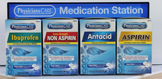 Recalled PhysiciansCare Medication Station with outer station includes Ibuprofen, Extra Strength Non Aspirin, Antacid and Aspirin in 50 Tablets (25 Packets, 2 tablets each)