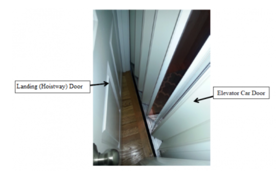 Residential Elevator with Space Between the Exterior Landing (Hoistway) Door and Interior Elevator Car (Accordion) Door. A young child can become entrapped if there is a hazardous gap between the doors.