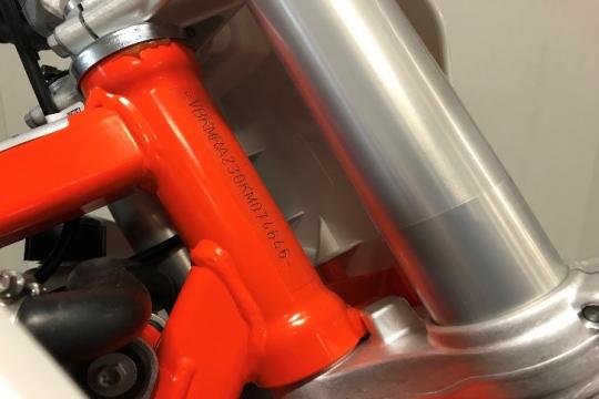 VIN location on the recalled 2019 KTM 50 SX motorcycle.