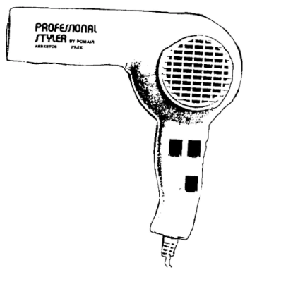 The black, burgundy, or beige plastic hair dryers display the words "Professional Styler by Pomair Asbestos Free." "Model 600-53000" is imprinted on the back of the handle under the "Pomair" trademark.