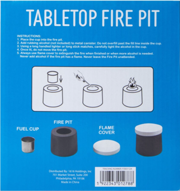 UPC 1922343012788 and tracking number FO031124 are printed on the back of the recalled Five Below tabletop fire pit packaging – smooth model