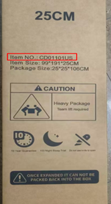 “Item NO.: CD01101US” is printed on the recalled Qabefy mattress box