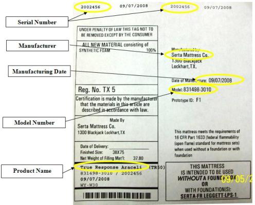 Picture of Recalled Mattress Label