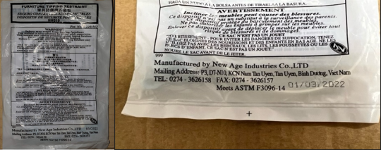Packaging containing the recalled New Age tip restraint kits, stating “Manufactured by New Age Industries” at the bottom