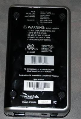Recalled Rocketfish Model RF-INV80 Universal AC/DC/USB Portable Power Source Label