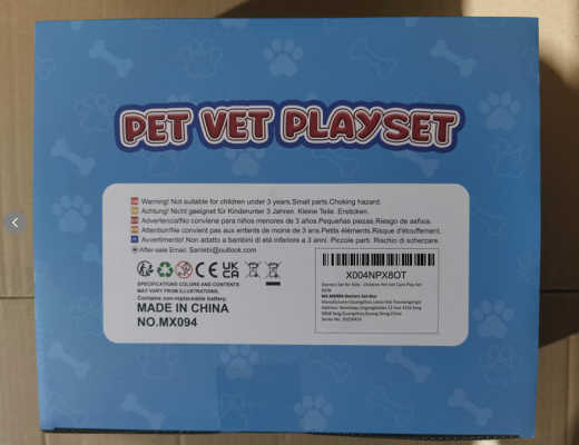 Recalled Sanlebi Pet Vet Playset – Back Packaging Label