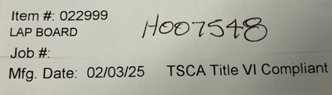 Example Label on Bottom of Furniture with Item Number