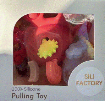 “Sili Factory” and “Pulling Toy” printed on the front of the recalled teething toy packaging