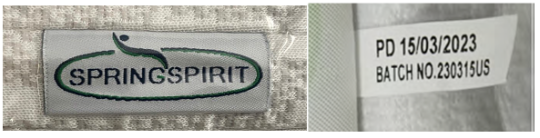 “Spring Spirit” está impreso en una etiqueta ubicada en un lado del colchón, y el número de lote 230315US y la fecha de fabricación están impresos en otra etiqueta ubicada en el lado opuesto del colchón.