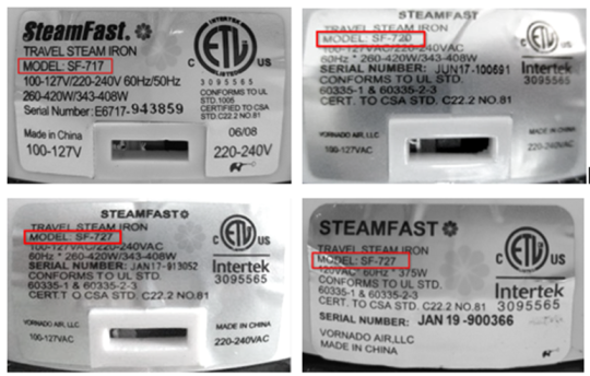 Model number on back of recalled Steamfast irons