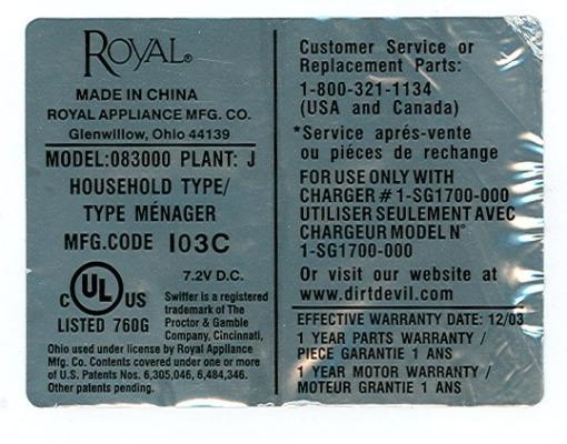 Dirt Devil® Sweeper Vac™ Label