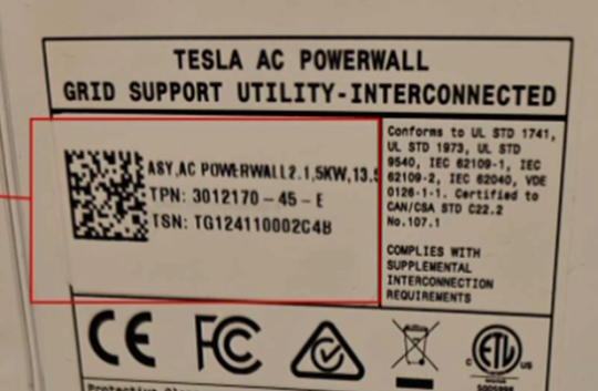 Recalled Powerwall 2 AC Battery System (Product Nameplate Sticker)