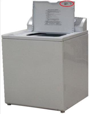 Recalled top-loading washer showing location of model and serial number on top right corner of lid
