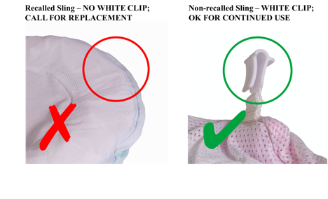 Recalled tubs have fabric slings without a white plastic clip