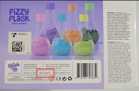 Recalled Tubby Tots Fizzy Flask Bath Magic bath foam set – Batch number 082025 location